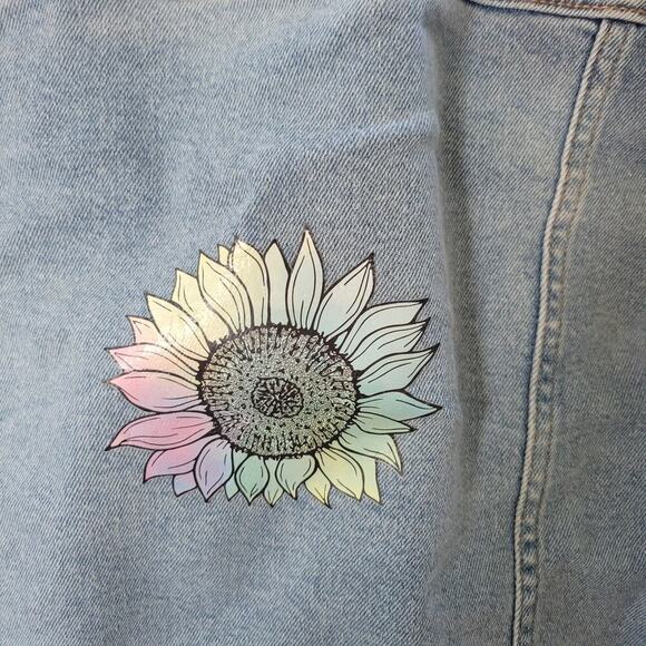 Kensie Embellished Distressed Jean Jacket Women M Denim Blue Long Sleeve Patches - Picture 11 of 12